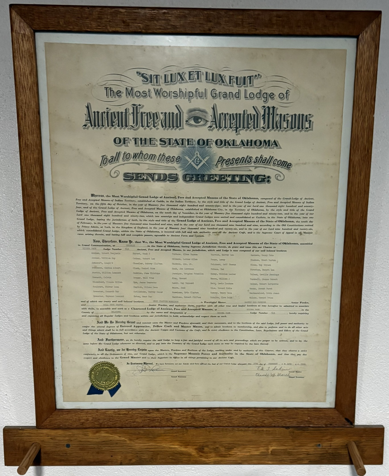 Original charter of Nicoma Park Masonic Lodge #541, dated February 15, 1956
